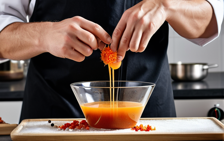 **Image Prompt:** A chef in a modern kitchen using enzymatic hydrolysis to create a vibrant, flavorful vegetable broth. Focus on the transformation of simple ingredients into a complex, umami-rich dish. Include elements of molecular gastronomy and innovative food techniques. The setting should emphasize a clean, professional culinary environment. Think "artistic food photography" style, highlighting textures and colors.