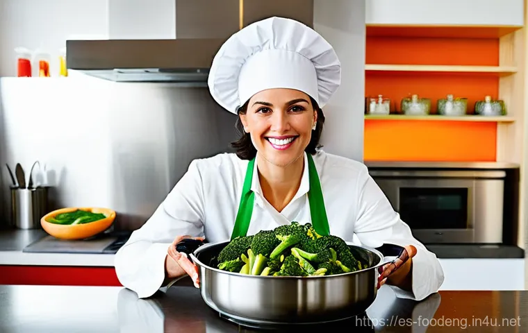 식품에서의 비타민 안정성 - **Prompt 1: A Spanish Culinary Expert Steaming Vibrant Vegetables**
    "A candid, high-angle shot o...