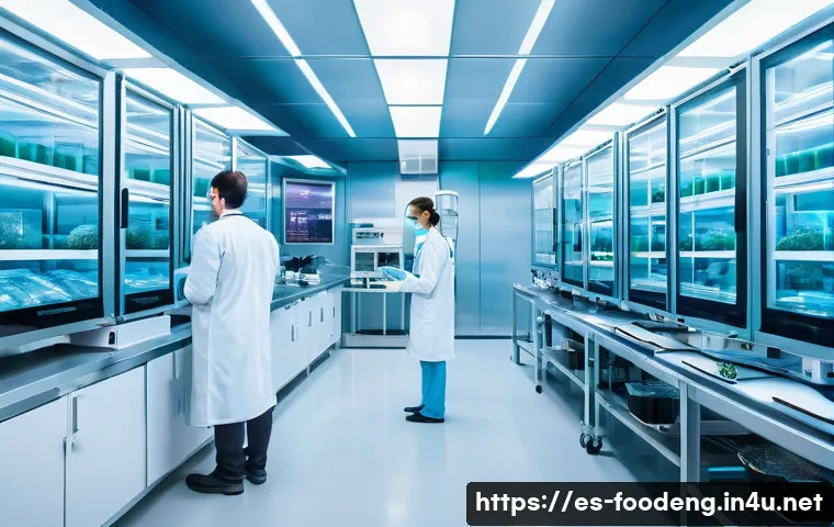 대체육과 세포배양육 - A high-tech laboratory scene showcasing cultivated meat production: a clean, futuristic bioreactor c...