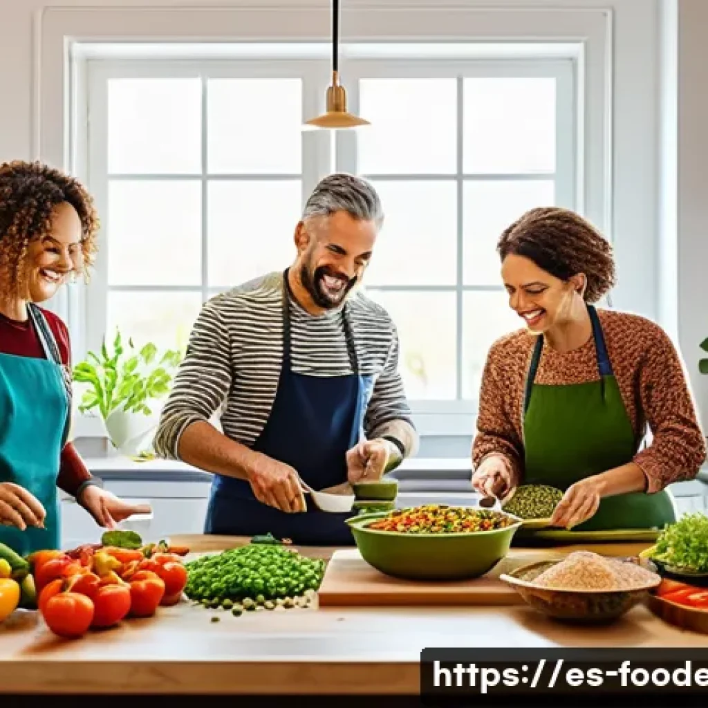 고기 대체 식품 연구 - A vibrant and modern Spanish kitchen scene featuring a diverse family preparing a plant-based meal t...