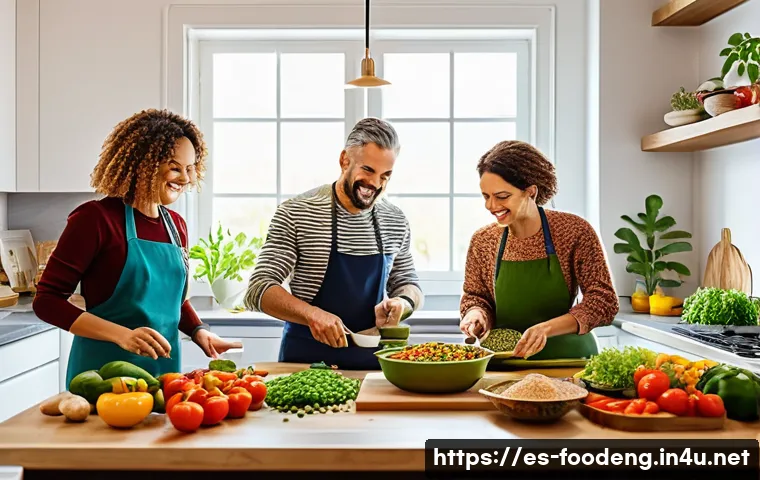 고기 대체 식품 연구 - A vibrant and modern Spanish kitchen scene featuring a diverse family preparing a plant-based meal t...
