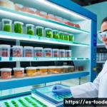 Home 21 식품에서의 유전자 분석 기술 - A high-tech laboratory scene focusing on genetic food testing: a Spanish scientist in a clean white ...