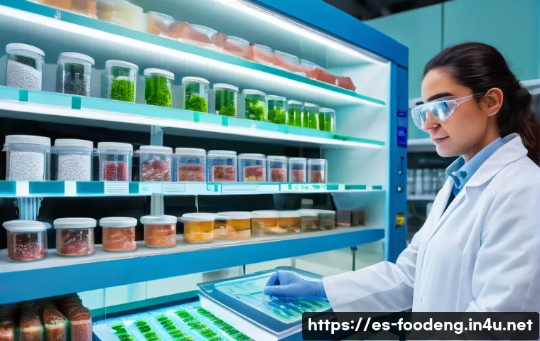 식품에서의 유전자 분석 기술 - A high-tech laboratory scene focusing on genetic food testing: a Spanish scientist in a clean white ...