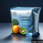 Home 20 식품에서의 나노입자 활용 - A close-up, hyper-realistic image of a modern food packaging design embedded with silver and zinc ox...