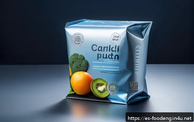 식품에서의 나노입자 활용 - A close-up, hyper-realistic image of a modern food packaging design embedded with silver and zinc ox...