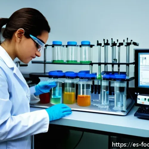 Home 31 식품에서의 인공향료 분석 - A modern food science laboratory setting showing a skilled technician wearing a lab coat and safety ...