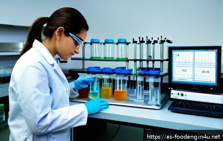 식품에서의 인공향료 분석 - A modern food science laboratory setting showing a skilled technician wearing a lab coat and safety ...
