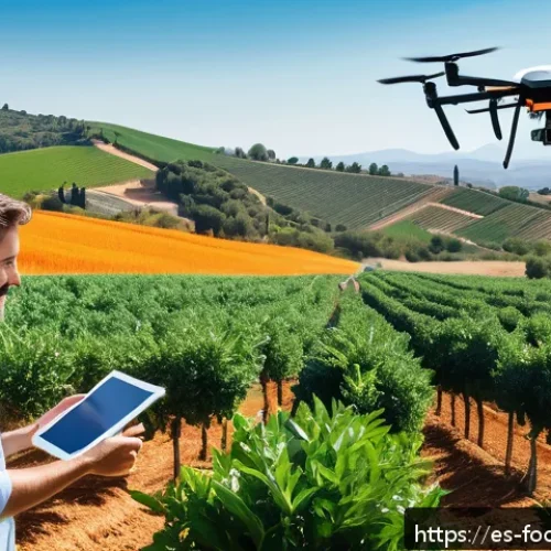 Home 17 식품의 원산지 추적 기술 - A modern digital farm scene in Spain showcasing smart agriculture technology: vibrant orange groves ...