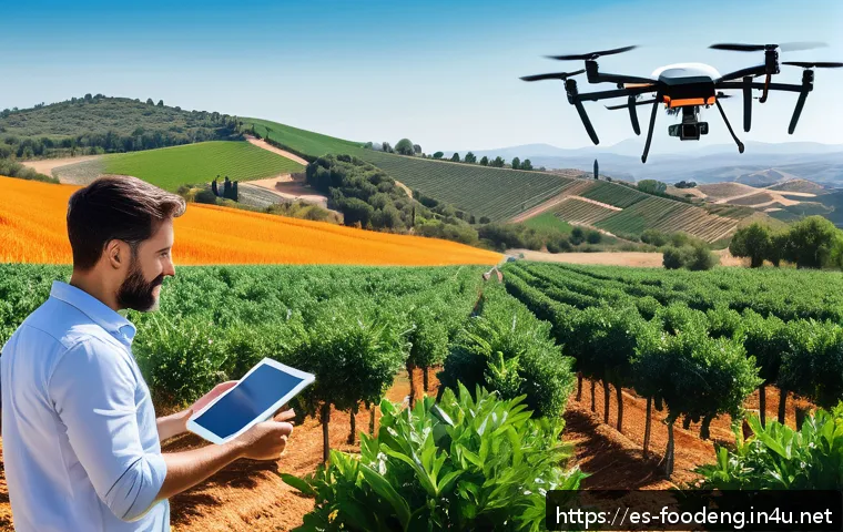 식품의 원산지 추적 기술 - A modern digital farm scene in Spain showcasing smart agriculture technology: vibrant orange groves ...