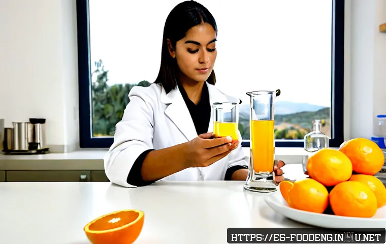 Home 17 식품 원료의 기능성 증진 기술 - Photorealistic food science laboratory in Spain, a Hispanic female researcher in a clean white coat ...
