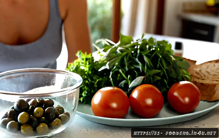식품과 미세플라스틱 문제 - Photorealistic close-up of a Spanish Mediterranean kitchen counter with fresh tomatoes, leafy greens...