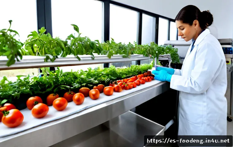 식품 유해물질 제거 기술 - Photorealistic food safety laboratory in Spain, a female scientist in clean white coat and protectiv...